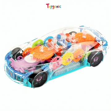 Toygenic Transparent Mechanical Toy Car|360° Auto Rotating Sensor Car|Gear Machine Vehicle with Multicolor LED Light & Music|Battery Operated|Birthday & Return Gift for Boys & Girls 3+|Made in India