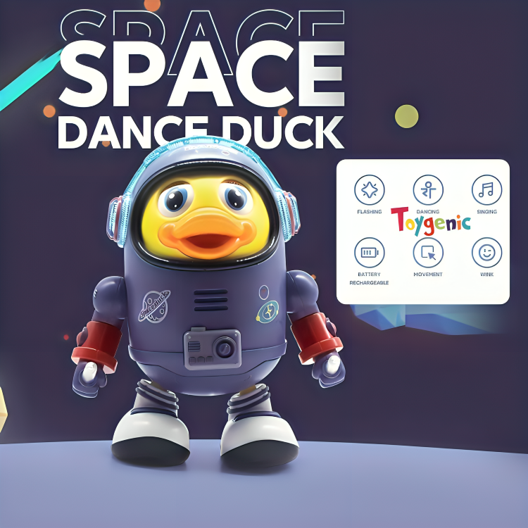 Toygenic Dancing Space Duck Toy Battery Operated Toy Figure with Lights and Sounds, Space Elements Designed，Dancing Robot for Infants,Babies,Kids