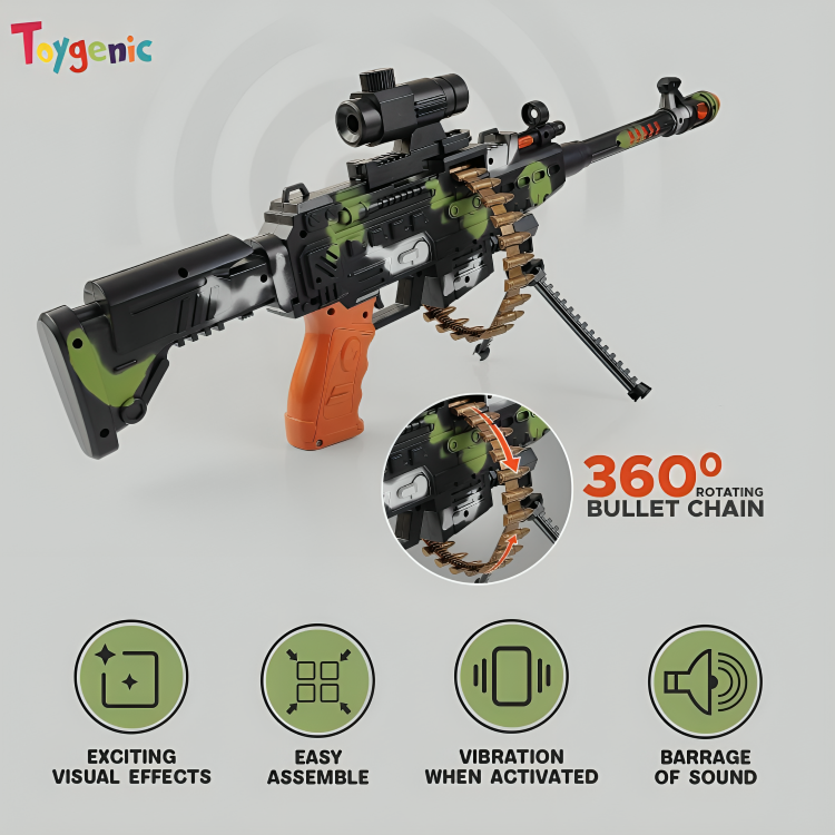 Toygenic Light and Music Sound Gun Toys For Kids | Revolving Machine Gun Toy with Flashing Lights & Sound Effect | AK 47b Rifle Army Gun Printed, Power Source: 3xAA Battery (Not Included) (Machine Gun)