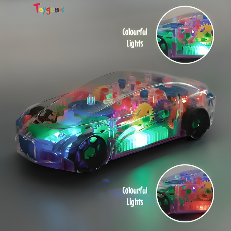 Toygenic Transparent Mechanical Toy Car|360° Auto Rotating Sensor Car|Gear Machine Vehicle with Multicolor LED Light & Music|Battery Operated|Birthday & Return Gift for Boys & Girls 3+|Made in India