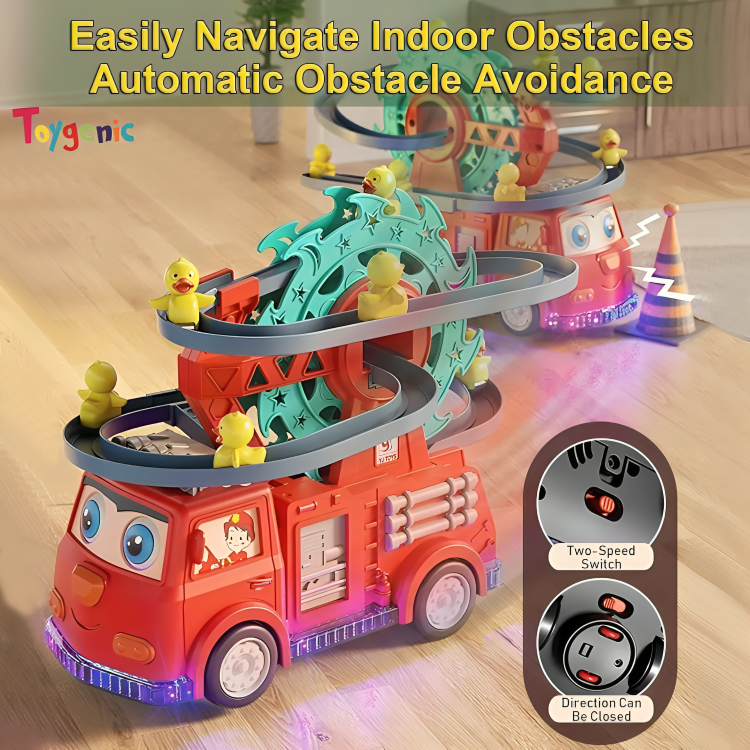 Toygenic Fire Truck Toy with Small Duck Climbing Toy & 3D Car that Lights Up and Produces Siren Sounds with Automatic Steering Function, Boy Girl Little Firetruck Noisey for Loud Kid Toddler Play Toy