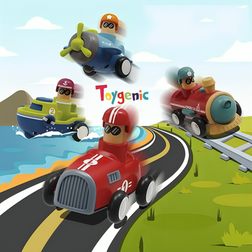 Toygenic Pack of 4 Toy Cars Push and Go Play Set Friction Powered Car Pull Back Vehicles Transport Tools Gifts for Babies Toddlers Kids Boys Girls Age 3+ Years Old (Including Car Airplane Boat Train)