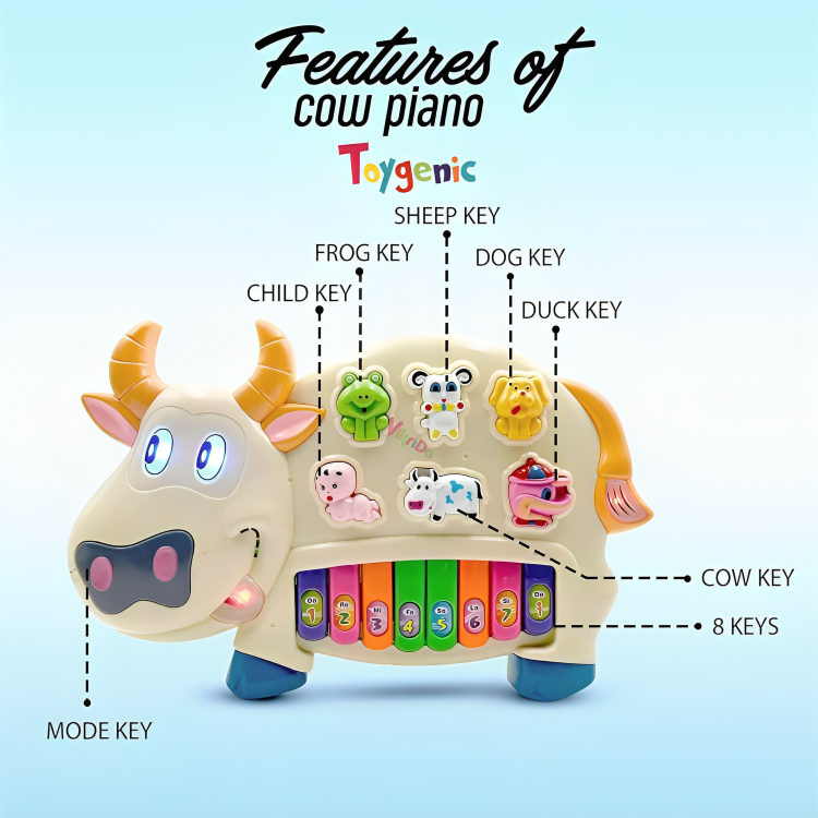 Toygenic Musical Cow Piano Toy with Flashing Light & Sound for Kid, Early Development Musical Toy Plastic Multicolor