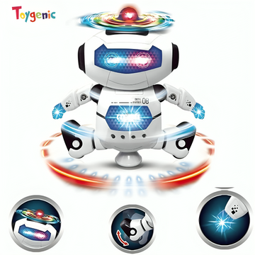 Toygenic Stylish 360° Rotating Dancing Robot's with 3D Lights and Music, Non Toxic Plastic - (White)